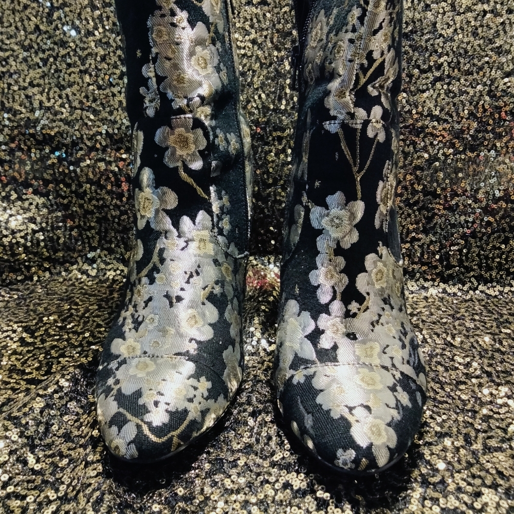 Black w/ Grey Metallic Embroidered Ankle Boots